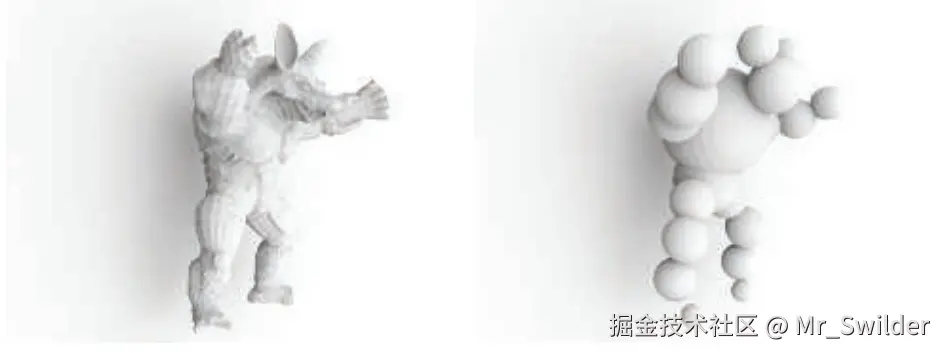 图11.13：这种方法生成的环境光遮蔽效果是模糊的，无法显示遮挡细节。可以使用更简单的几何表示来计算AO，这样仍然可以实现合理的效果。上图将一个犰狳模型（左）近似为一组球体（右）。在这两个例子中，模型在背后墙上投下的遮挡阴影几乎一样。