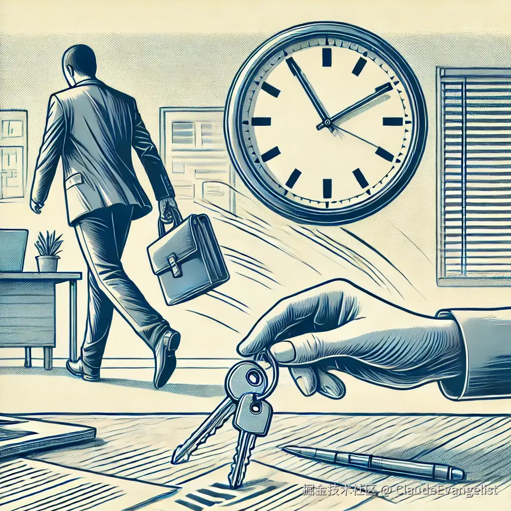 DALL·E 2024-08-24 23.57.40 - A detailed illustration showing a person walking away, leaving behind a set of keys on a table. In the background, a clock shows time passing, symboli.webp