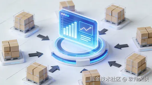 一张展示数据驱动清库存概念的3D插画。画面中央是一个发光的巨大数据图表（柱状图和折线图），周围环绕着代表库存商品的包裹盒子和指向不同方向的箭头，象征着精准分发。整体风格为现代科技感3D插画，背景干净，色调以科技蓝和白色为主，无人物。