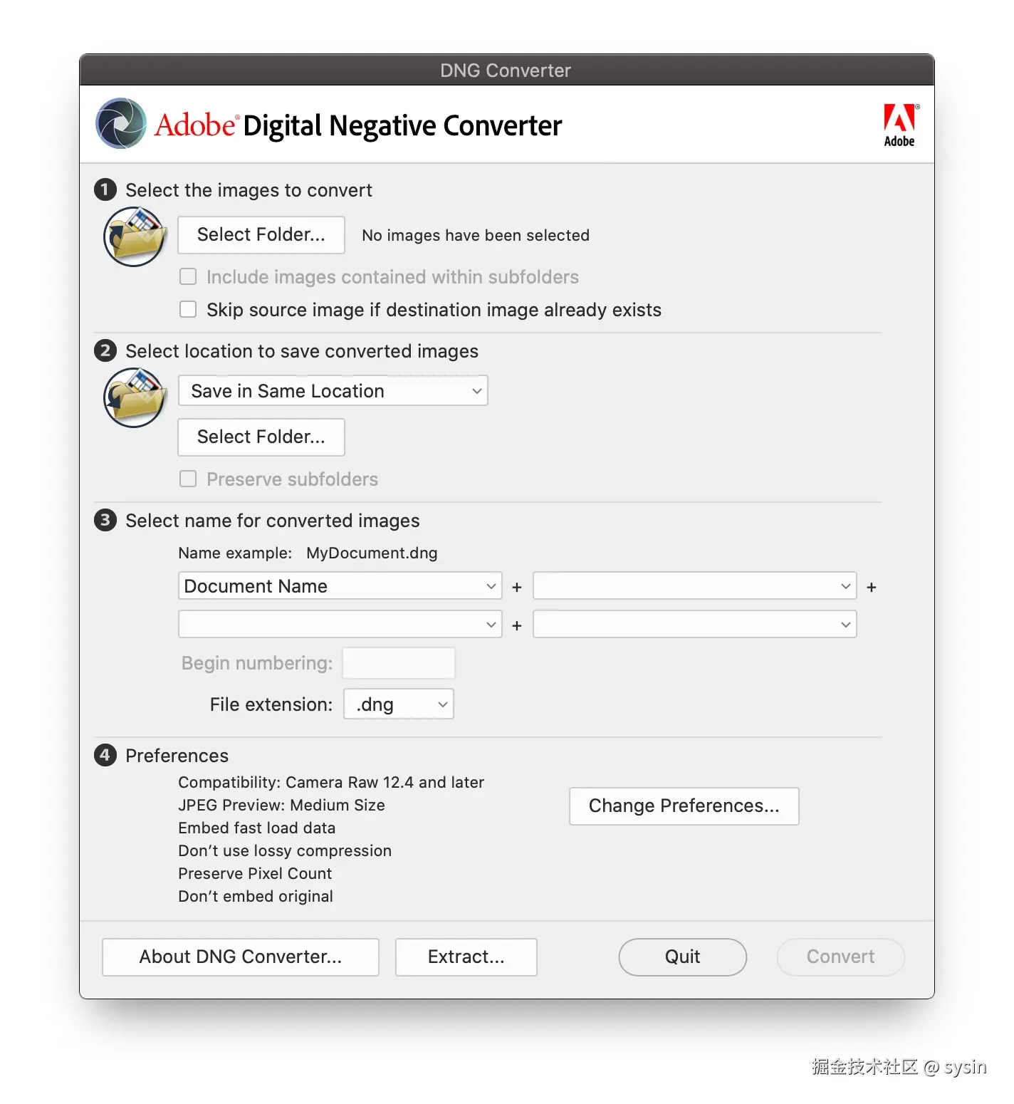 Adobe DNG Converter 对话框