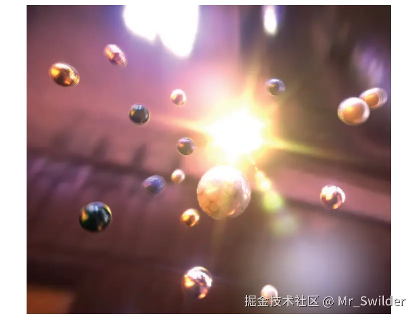 图12.7：镜头光晕、星状眩光和泛光效果，以及景深和动态模糊。请注意一些正在移动的球，其表面出现了频闪的现象，这是由于对独立的图像进行了累积。 [1208]