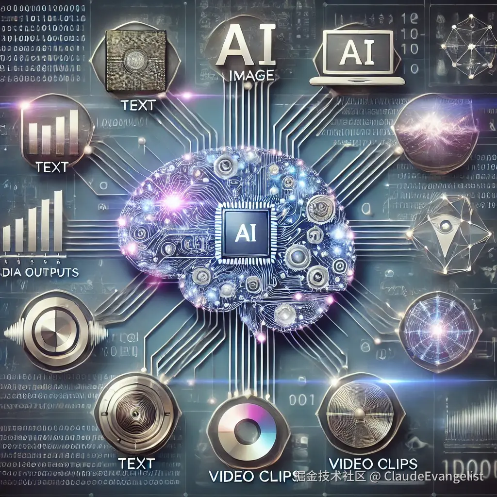 DALL·E 2024-08-13 21.38.12 - An illustration representing the concept of Generative AI, focusing on multi-modal content creation. The image should depict a central AI brain or pro.webp