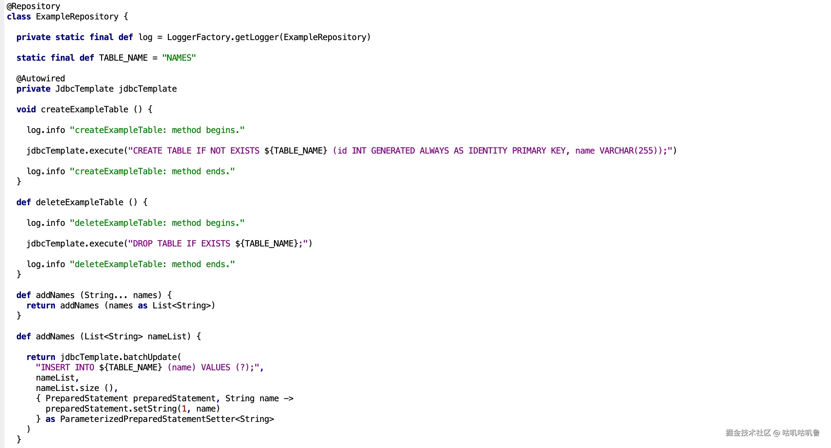 Spring 存储库类，用于管理 H2 数据库表，并使用 JdbcTemplate bean 创建、删除、添加、更新和读取 （CRUD） 记录。