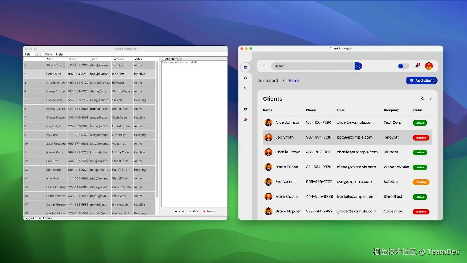 常规 Swing 应用程序 vs. 高对比度的 JxBrowser 应用程序。