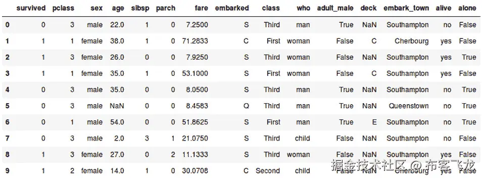 图 1.5：展示泰坦尼克号数据集前 10 个实例的表格    
