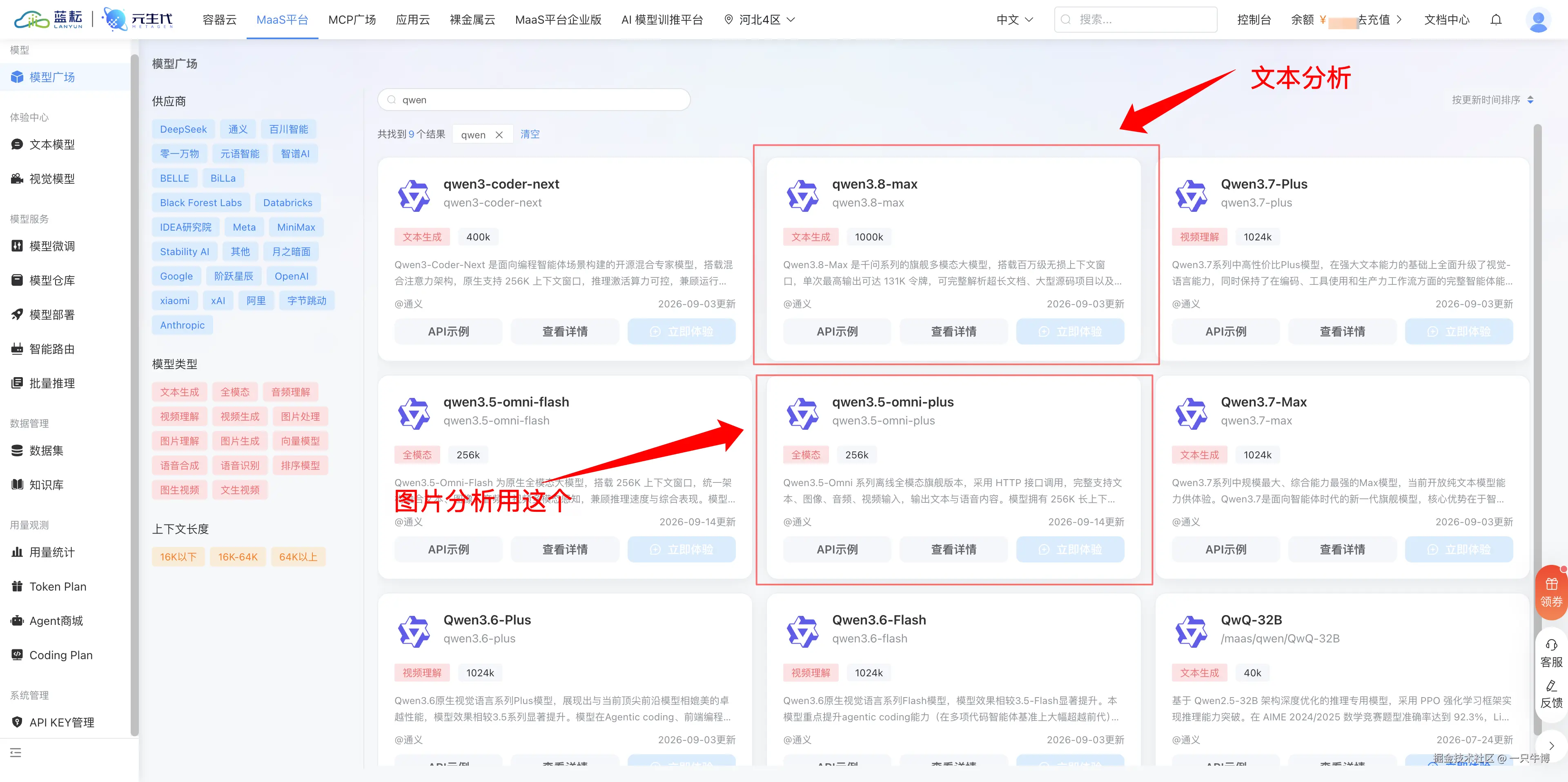 蓝耘元生代的模型广场，同一个接入地址下挂着多个模型，按 qwen 筛出来九个结果