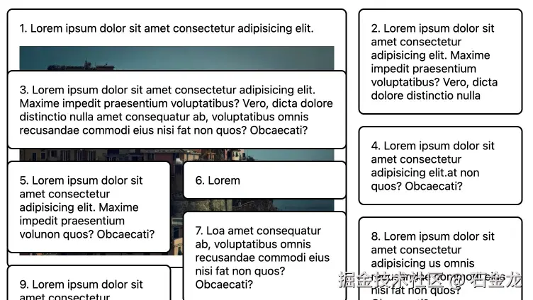 第一个项包含一张图片和文字，并且它位于前两列中的其他项目下面。