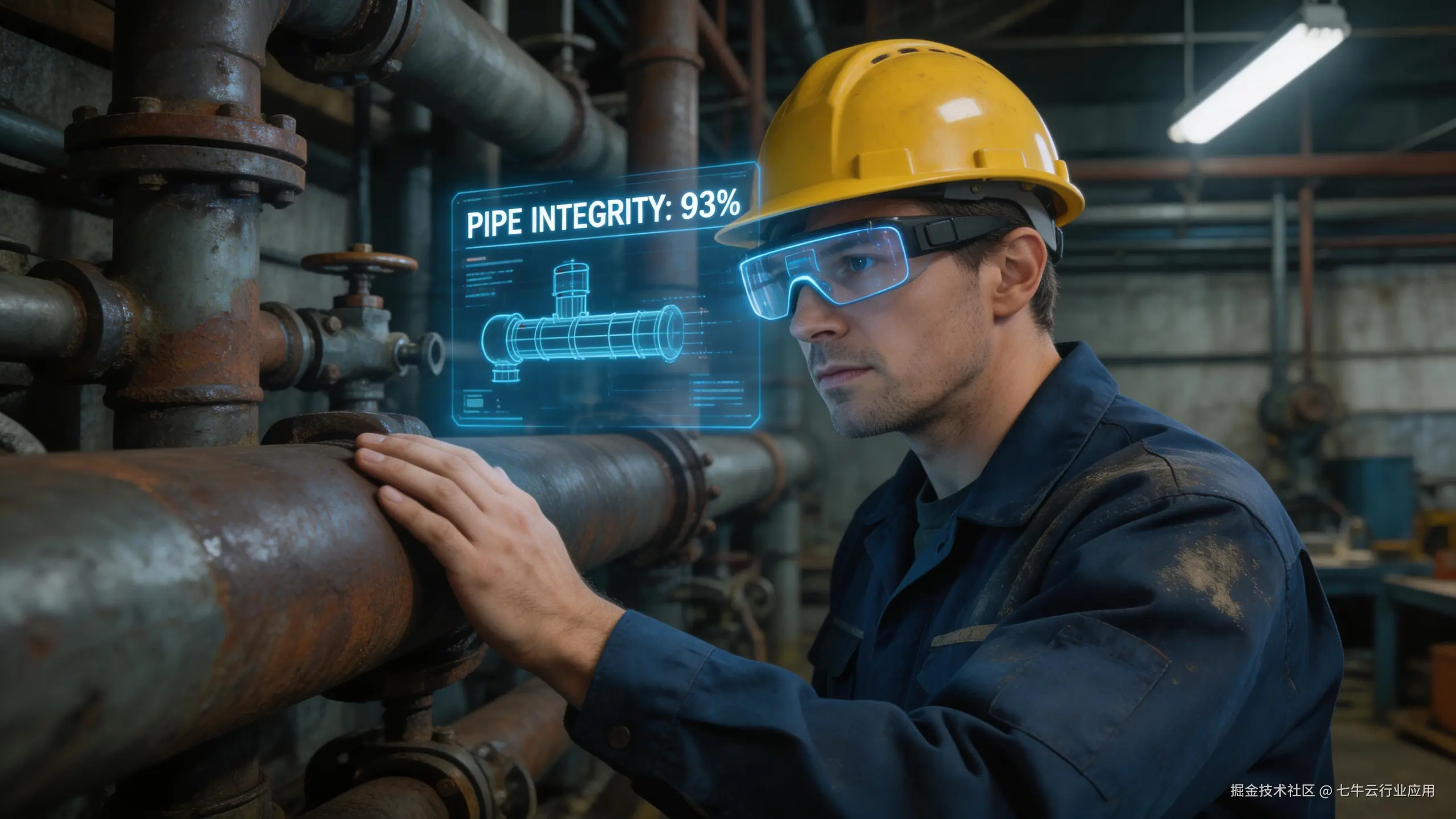 jimeng-2026-03-03-1492-老旧工业设备场景，维修工人戴着安全帽触摸管道，佩戴AR眼镜，背景是杂乱的工业管道....png