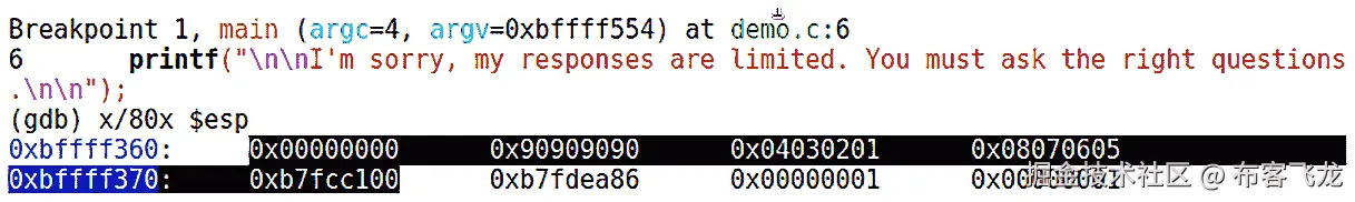 图 10.9 – 使用 GDB 查找 shellcode 中的断点