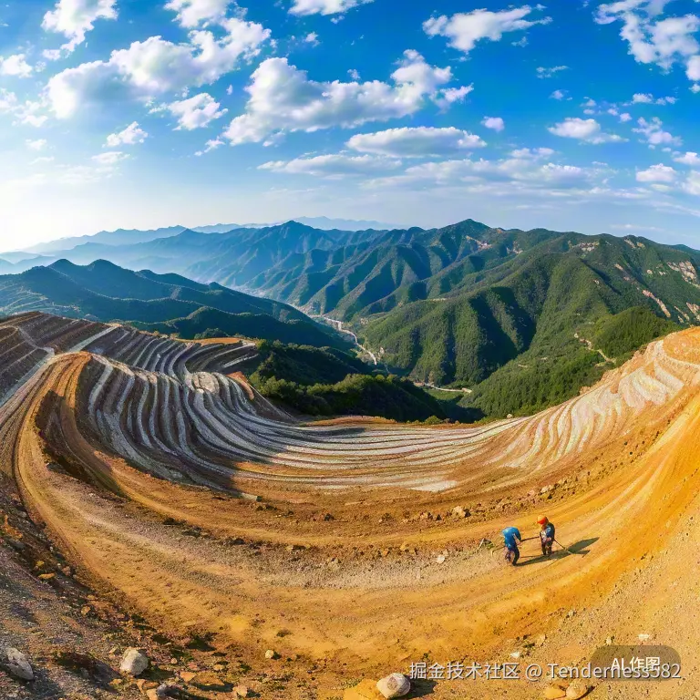 南阳独山玉矿山远景，工人手工开采场景
