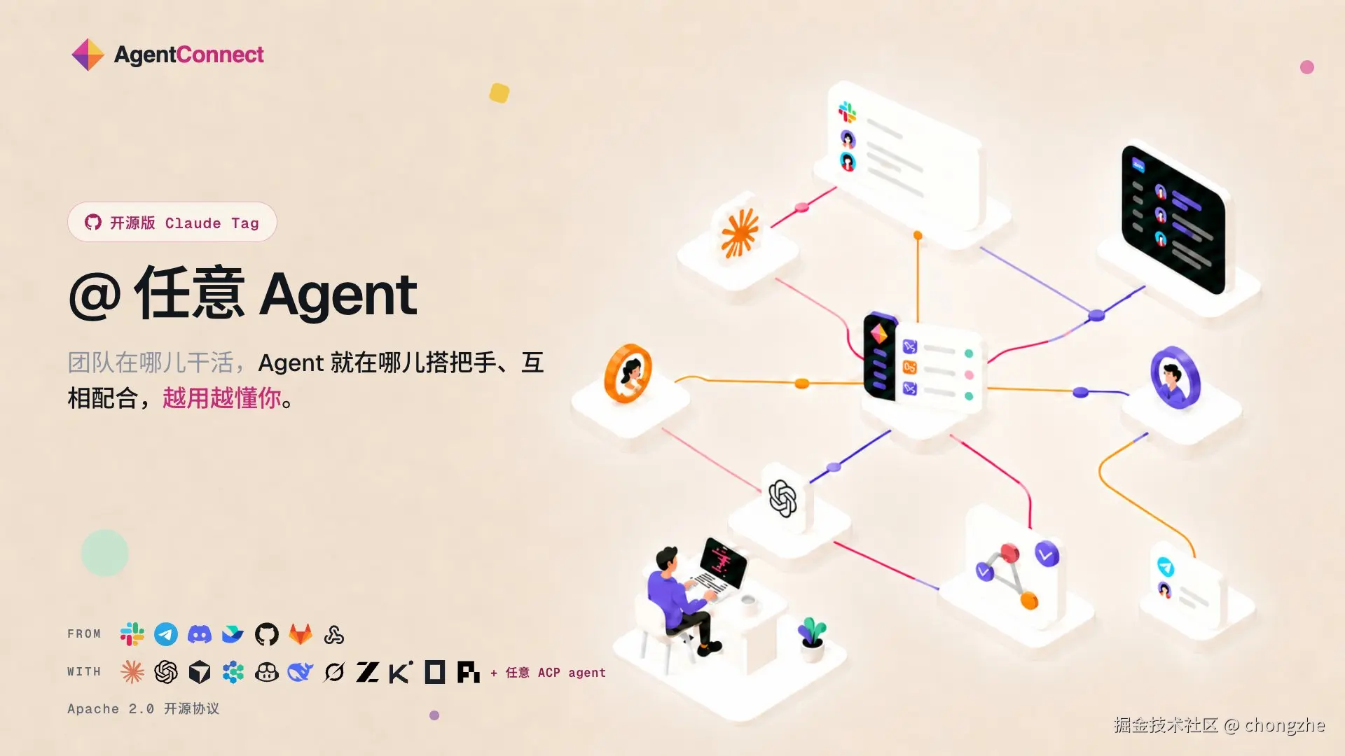 团队在哪儿干活，Agent 就在哪儿搭把手、互相配合。