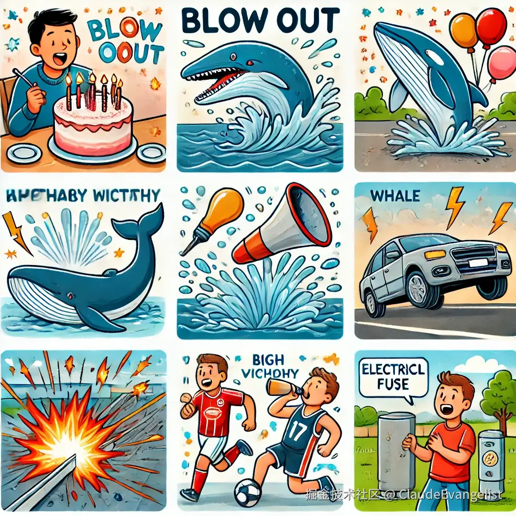 DALL·E 2024-10-03 11.35.48 - A collage of illustrations representing different meanings of the phrase 'blow out'. Include_ a person blowing out birthday candles on a cake, a car t.webp