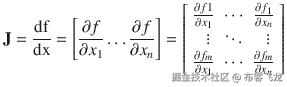 \mathbf{J}=\frac{\mathrm{df}}{\mathrm{dx}}=\left[\frac{\partial f}{\partial {x}_1}\dots \frac{\partial f}{\partial {x}_n}\right] = \left[\begin{array}{ccc}\hfill \frac{\partial f1}{\partial {x}_1}\hfill & \hfill \cdots \hfill & \hfill \frac{\partial {f}_1}{\partial {x}_n}\hfill \\ {}\hfill \vdots \hfill & \hfill \ddots \hfill & \hfill \vdots \hfill \\ {}\hfill \frac{\partial {f}_m}{\partial {x}_1}\hfill & \hfill \cdots \hfill & \hfill \frac{\partial {f}_m}{\partial {x}_n}\hfill \end{array}\right]