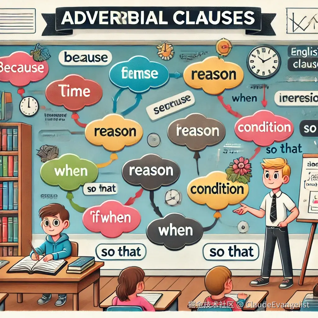 DALL·E 2024-12-13 09.40.16 - An educational illustration of adverbial clauses in English grammar. The image includes a flowchart showing types of adverbial clauses such as time, r.webp