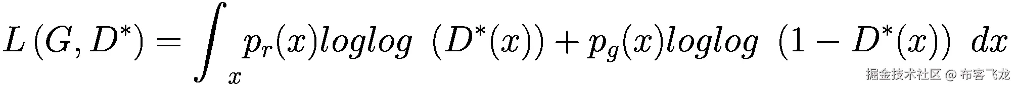 L\left(G,{D}^{\ast}\right)={\int}_x{p}_r(x) loglog\ \left({D}^{\ast }(x)\right)+{p}_g(x) loglog\ \left(1-{D}^{\ast }(x)\right)\ dx