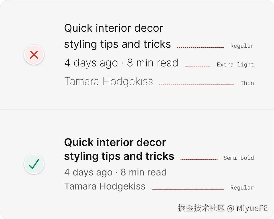 UI design tips example with 3 font weights reduced to 2