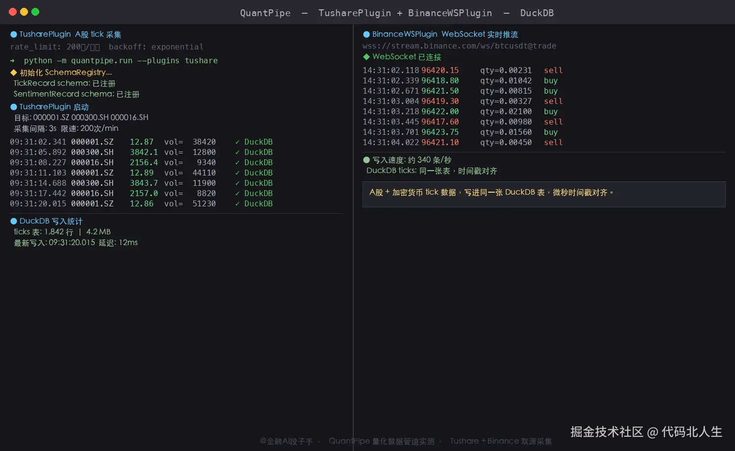 自搓 QuantPipe 终端演示：左侧 TusharePlugin 实时采集 A 股 tick 数据并写入 DuckDB，显示限速控制和写入行数；右侧 BinanceWSPlugin 实时接收 BTC/USDT WebSocket 推流；底部显示 DuckDB ticks 表当前行数和存储大小统计