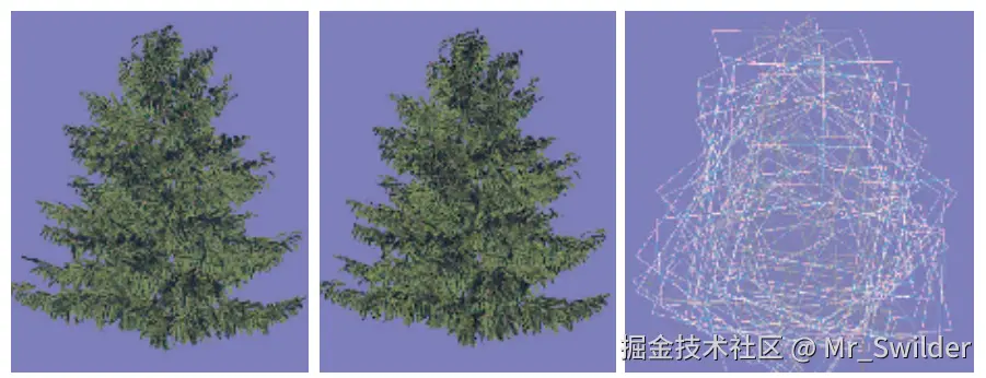 图13.15：左边是一个由20610个三角形组成的树木模型。在中间，这个树木则是由78块广告牌组合而成。重叠的广告牌轮廓显示在右边。 [950]