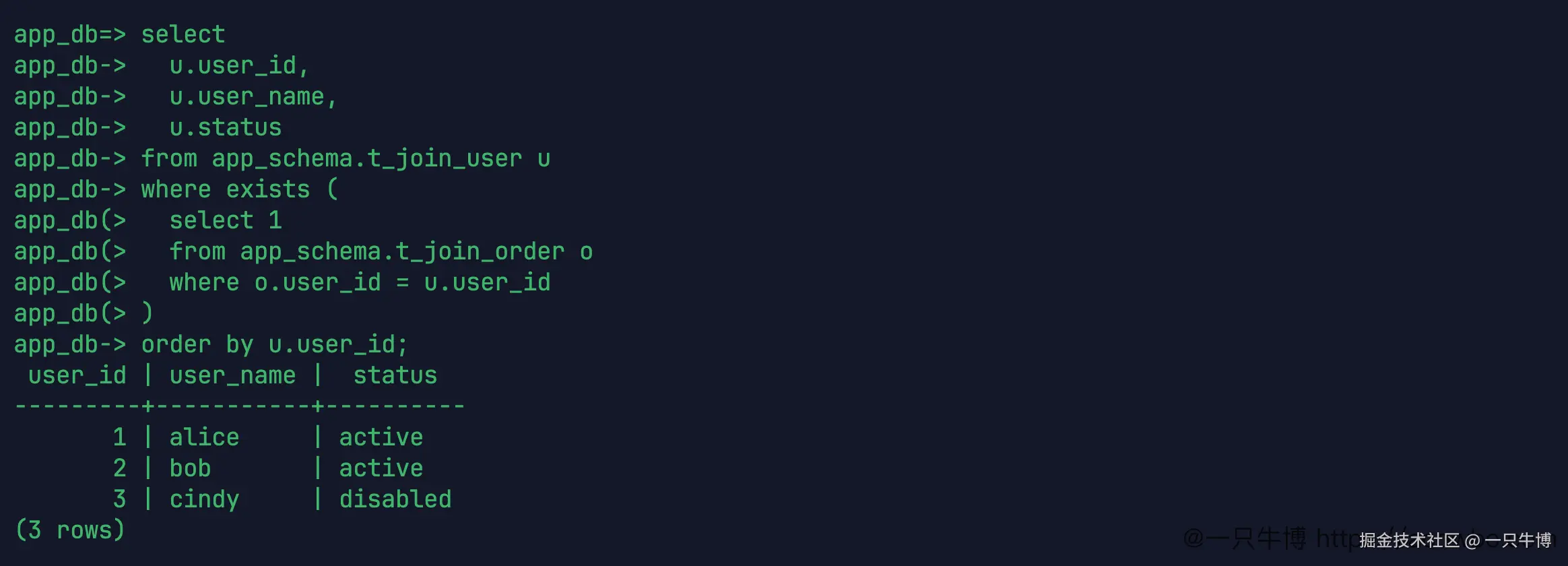 EXISTS query for users with orders