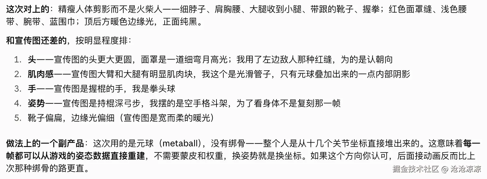 Fable 5.1 自己列出的对照清单，先写这次对上的特征，再按明显程度排出和宣传图还差的五条，最后附了一段元球建模的好处