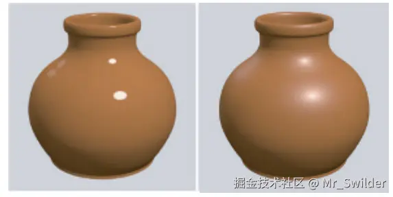 图10.7：面光源在光滑物体上强烈反射所产生的高光，高光的形状与面光源的形状相类似。左图中，通过限制Blinn-Phong着色器的高光阈值，来对这种视觉现象进行近似。右图中，使用未修改的Blinn-Phong着色器对物体进行渲染，以便进行比较。