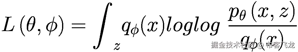 L\left(\theta, \phi \right)={\int}_z{q}_{\phi }(x) loglog\ \frac{p_{\theta}\left(x,z\right)}{q_{\phi }(x)}