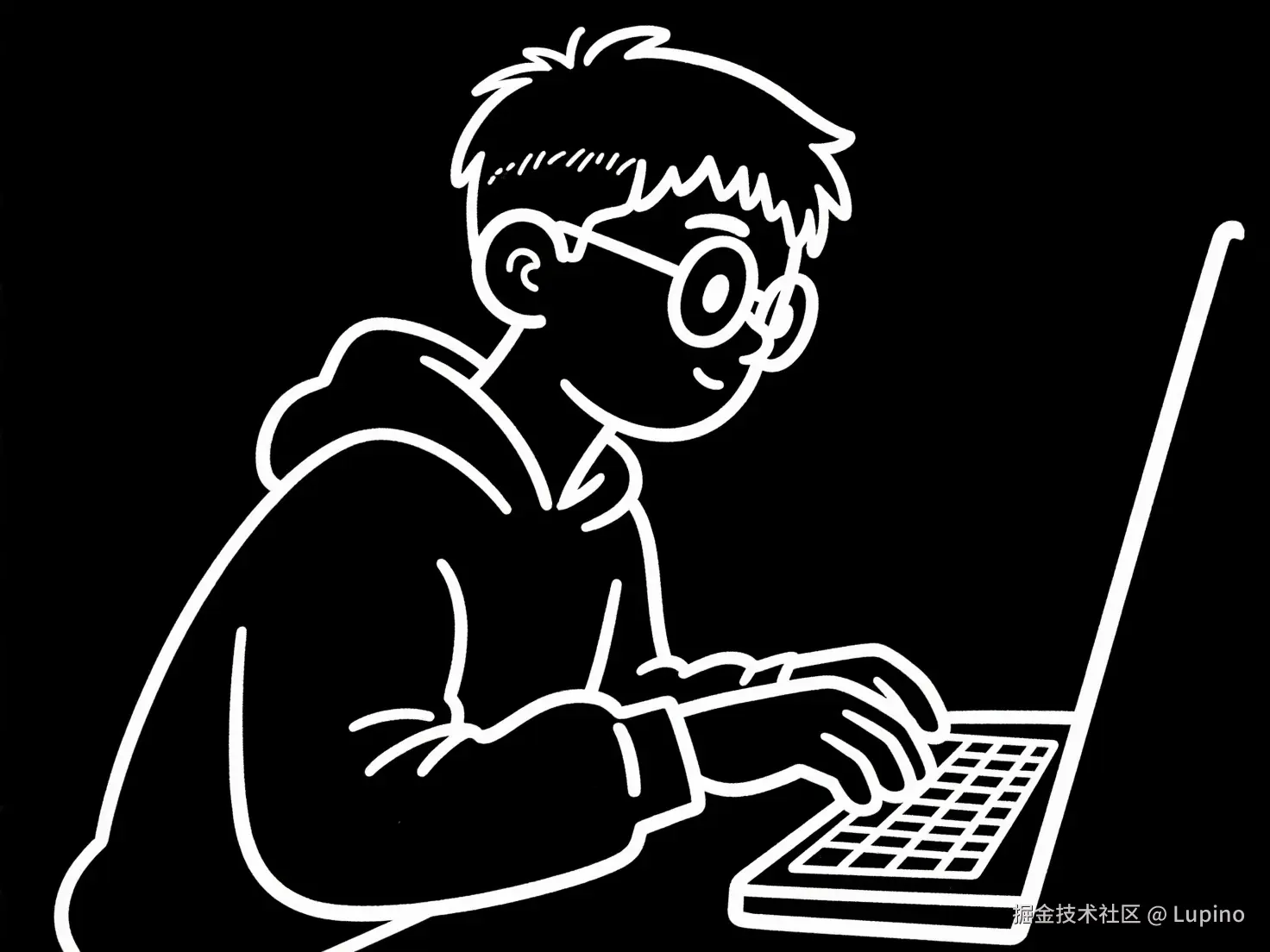 近景, 简笔勾勒的博主(中国年轻男性，短发，圆框眼镜，休闲卫衣，瘦削体型)侧脸，手指在键盘简影上飞速20260309097.jpeg