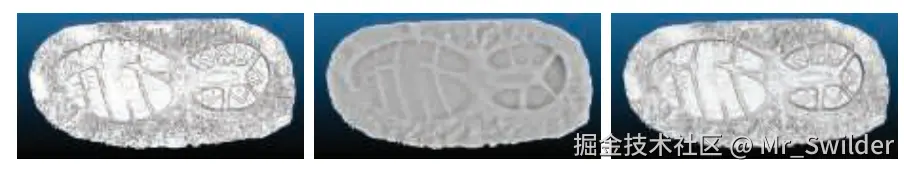 图13.25：左侧：具有法线数据的点在一个单独的pass中进行渲染。中间：一个没有法线数据的点云，使用屏幕空间环境光遮蔽进行渲染。右边：同样是没有法线数据的点云，使用EDL进行渲染。后面两种方法都需要额外执行一个pass，从而建立图像中的深度缓冲。
