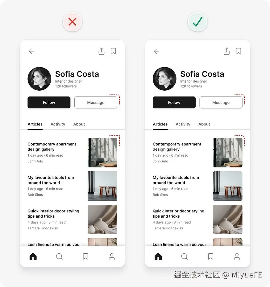 UI design tips example with consistent border radius applied to corners of article photos and buttons