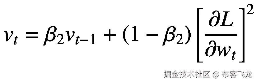 {v}_t={\beta}_2{v}_{t-1}+\left(1-{\beta}_2\right){\left[\frac{\partial L}{\partial {w}_t}\right]}²