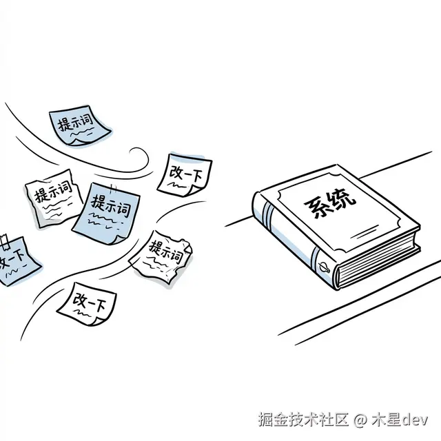 左边混乱的声音波纹代表提示词口头吩咐，右边发光的菜谱书代表结构化的AI Skill