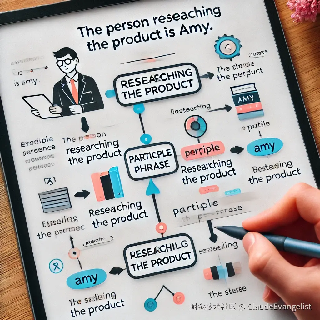 DALL·E 2024-10-27 21.57.45 - An educational illustration explaining the use of participle phrases in English grammar. The image shows a simplified sentence diagram with labels, sh.webp