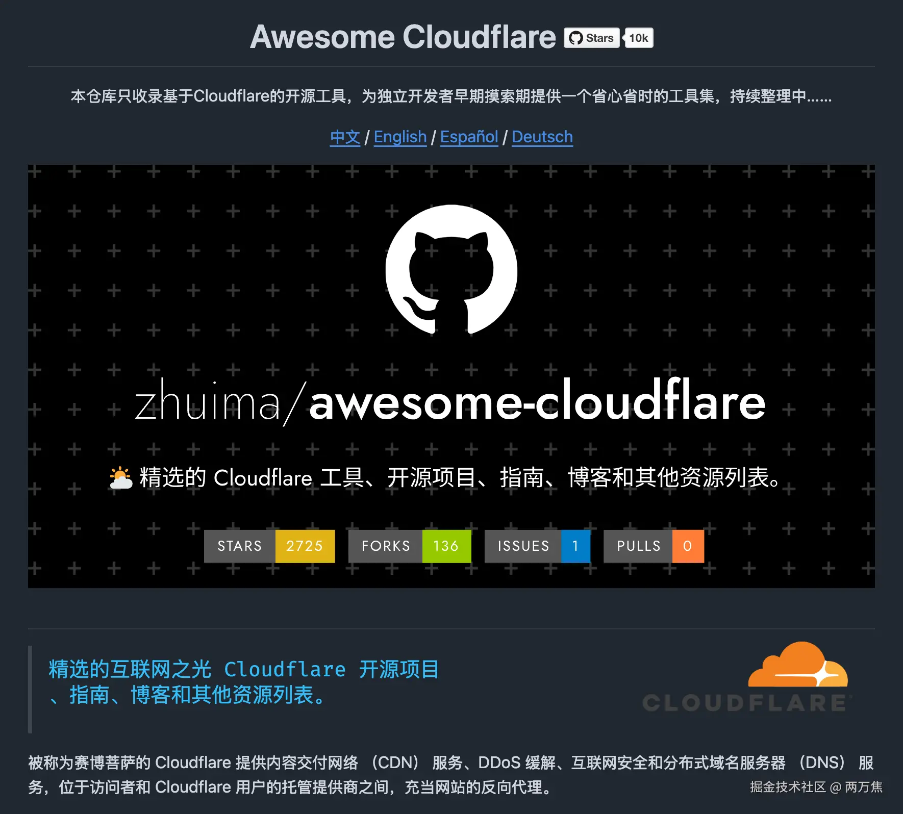 awesome-cloudflare：一个精选的 Cloudflare 工具、开源项目、指南和资源列表，很适合独立开发者找到合适的工具