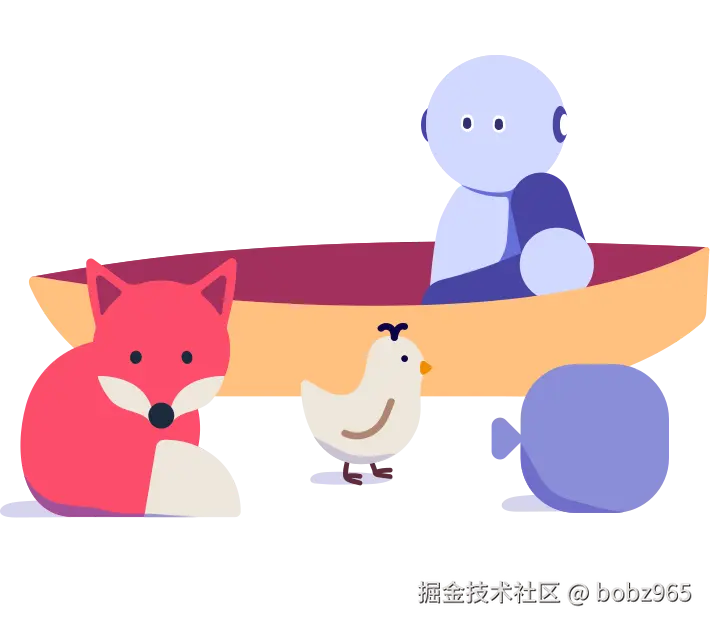 robot in a boat looking at a chicken, fox, and chicken feed bag